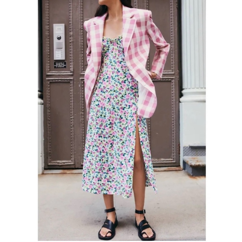 Zara Victorian Pink Floral Strappy Midi Dress Medium Wedding Formal Resort Boho